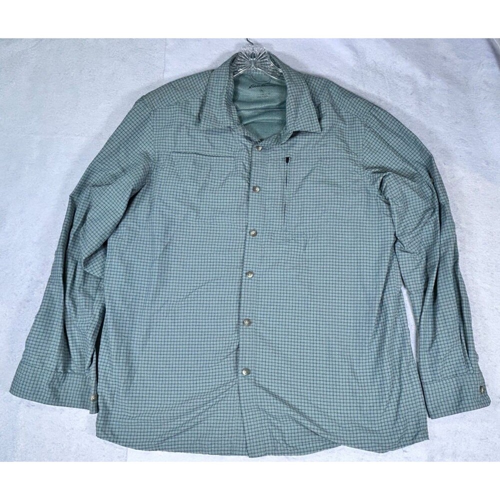 Eddie Bauer Shirt Mens XL Green Long Sleeve Plaid Nylon Vented Hike Fishing